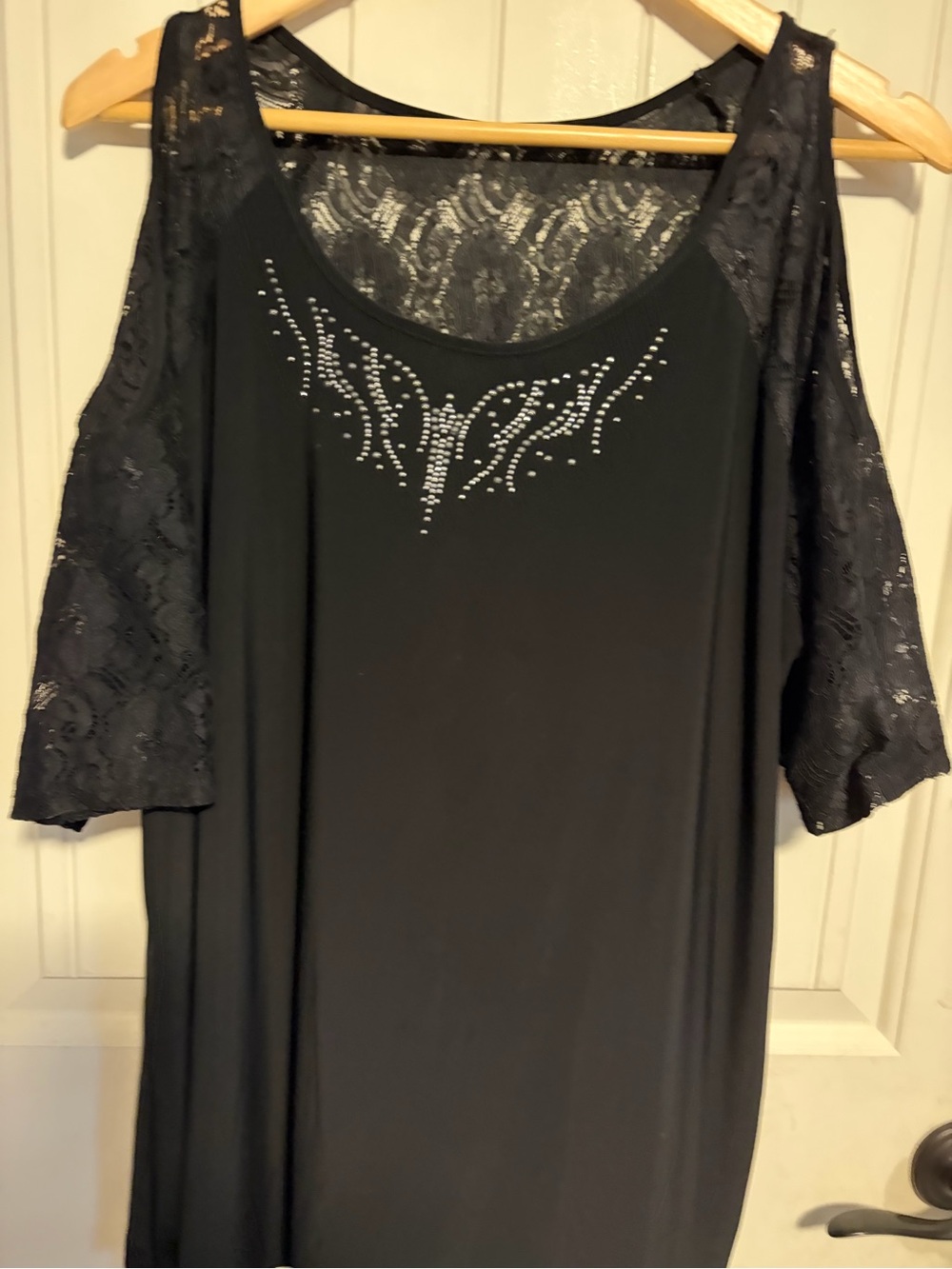 Suzie In The City Black Cold-Shoulder Lace Tunic with Rhinestone Accent